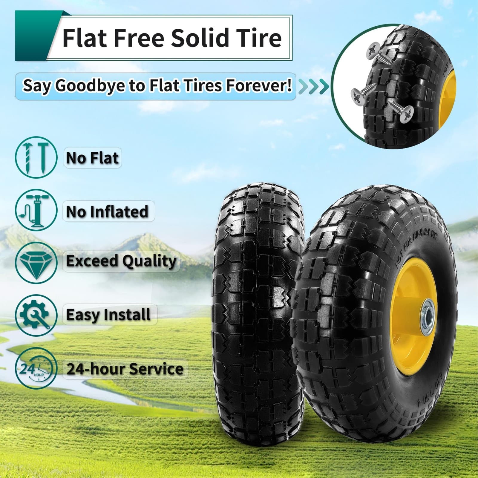 4PCS Upgrade 4.10/3.50-4 Flat Free Solid Rubber Tire and Wheel, 10" Solid Tires 6