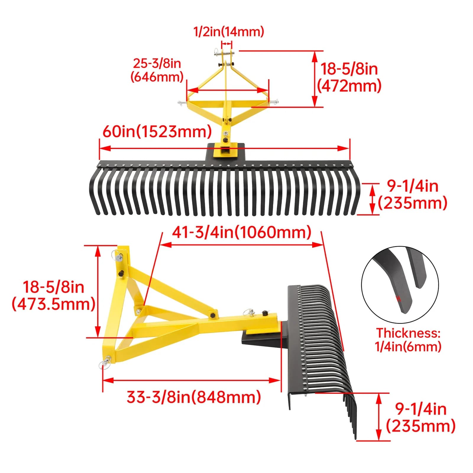 3-Point 60" 5 FT Landscape Rake For Cat 1 Tractors Attachment Soil Gravel Lawn 2
