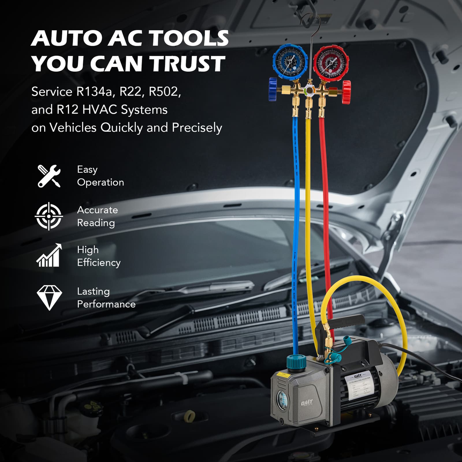 OMT Combo 3.5CFM 1/4 HP Air Vacuum Pump HVAC Refrigeration AC Manifold Gauge Set 2