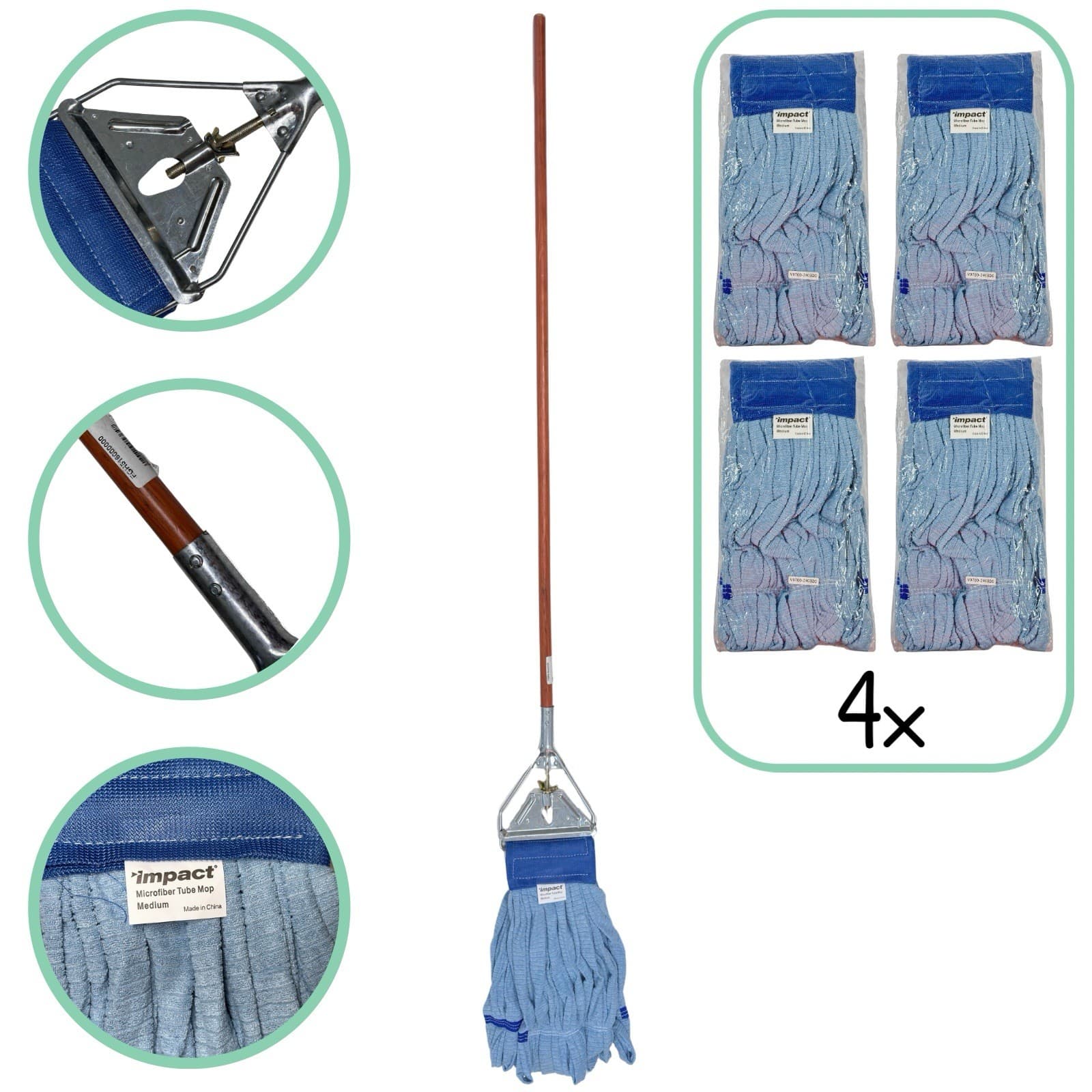 Rubbermaid 60” Slide Mop Wood Handle + 4x IMPACT Medium Microfiber Tube Mop Blue