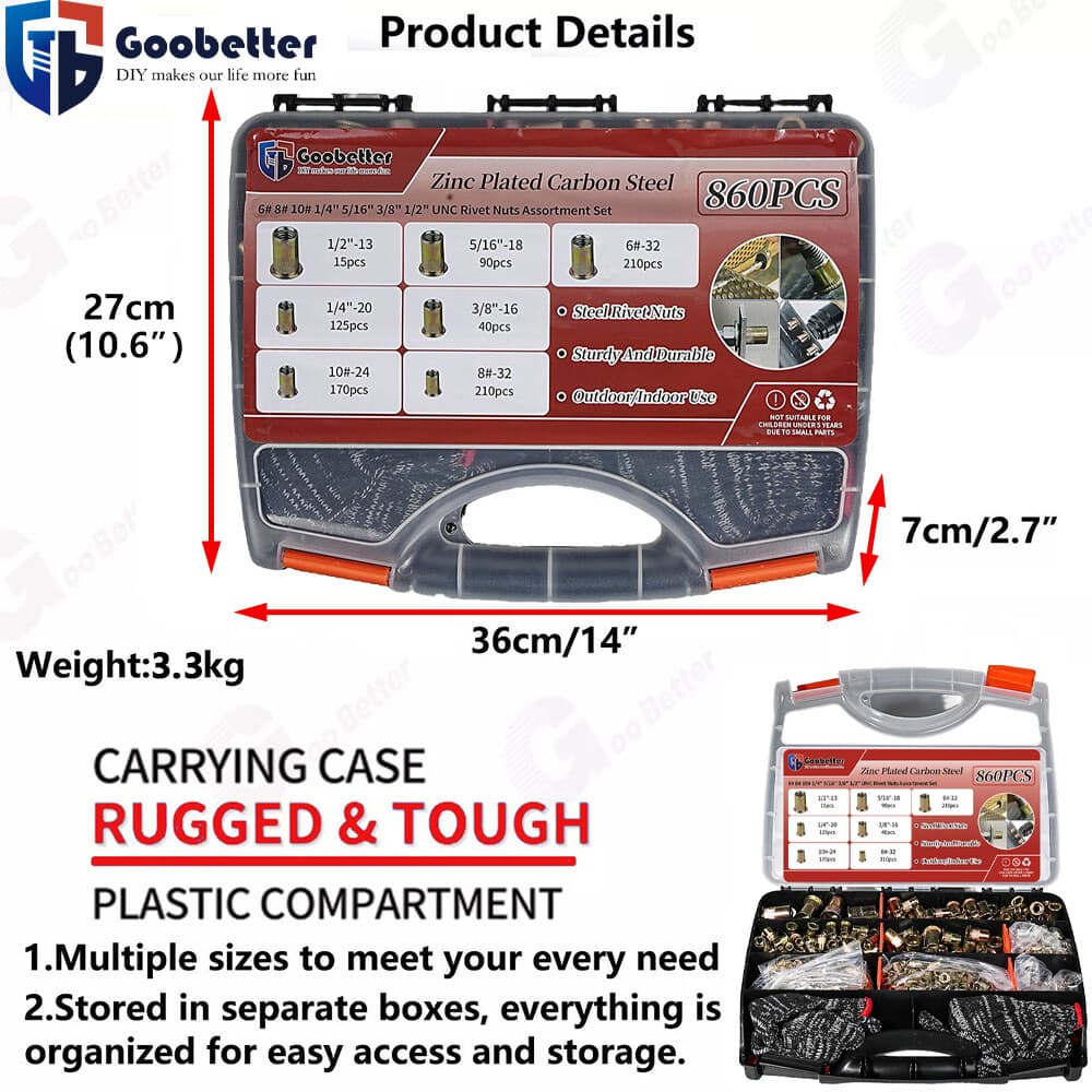 860x Rivet Nuts Kit Carbon Steel Rivet Nut Insert Nutsert Assortment Kit 6#~5/16 2