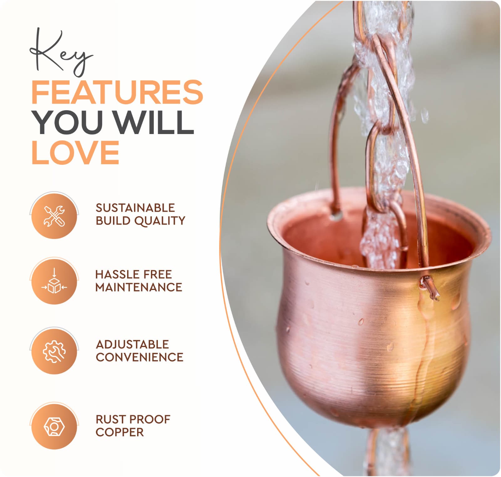Marrgon Copper Water Chain with Pot Shaped Cups – Durable & Thick Rain Chain 3