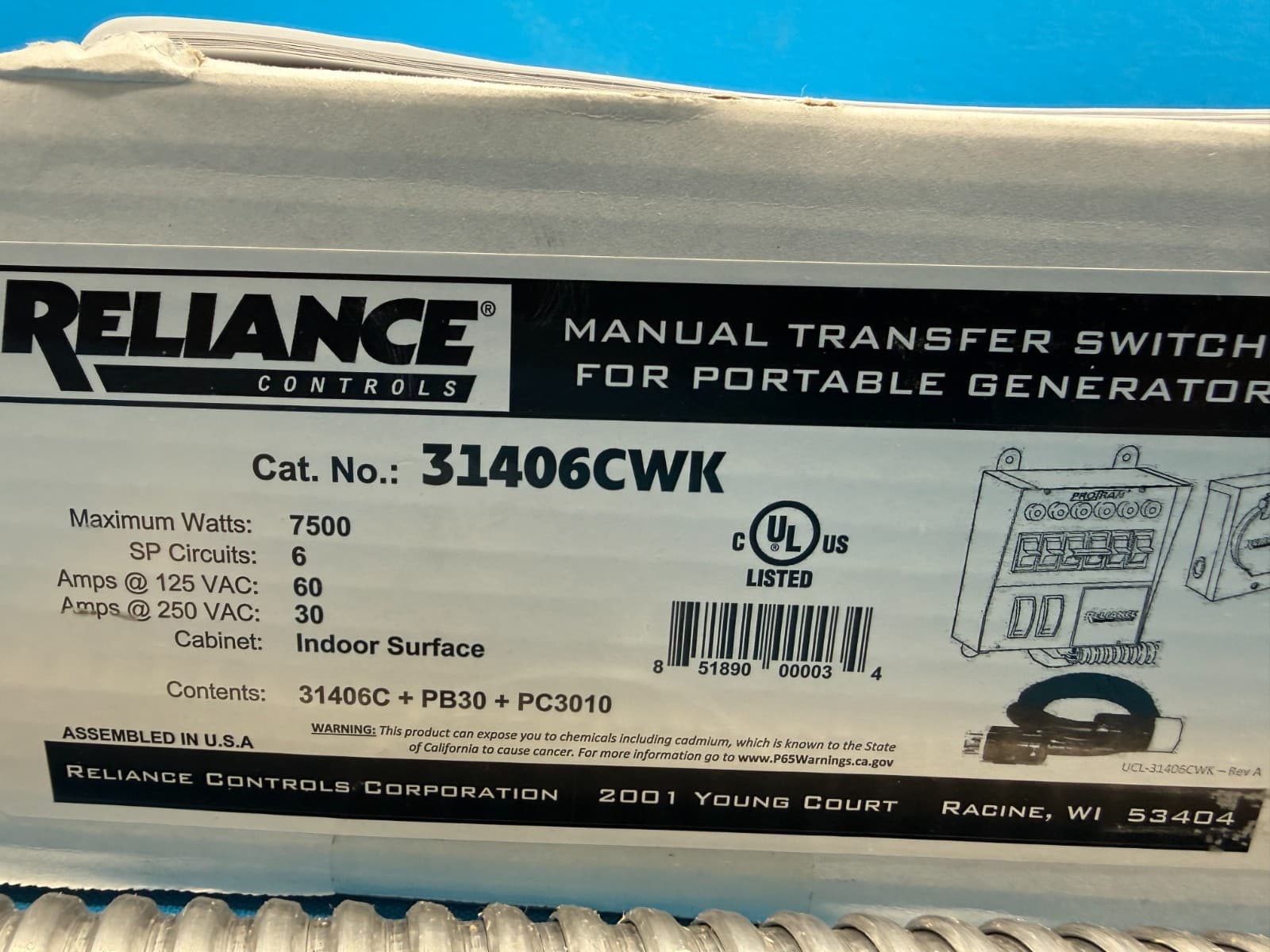 Reliance Controls 31406CWK Manual Transfer Switch For Portable Generators 2