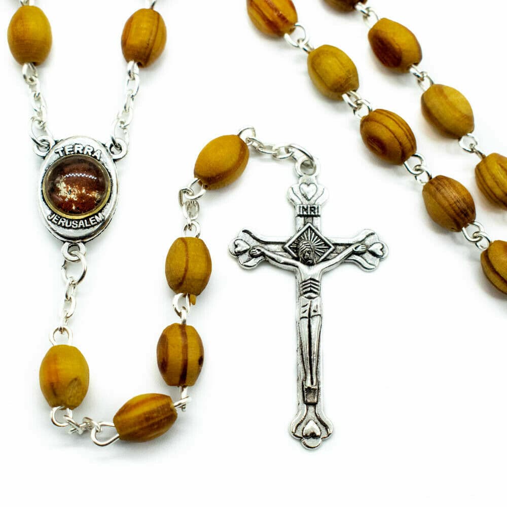 Blessed Catholic Rosary Necklace Olive Wood Oval Beads Jerusalem Soil Crucifix 4