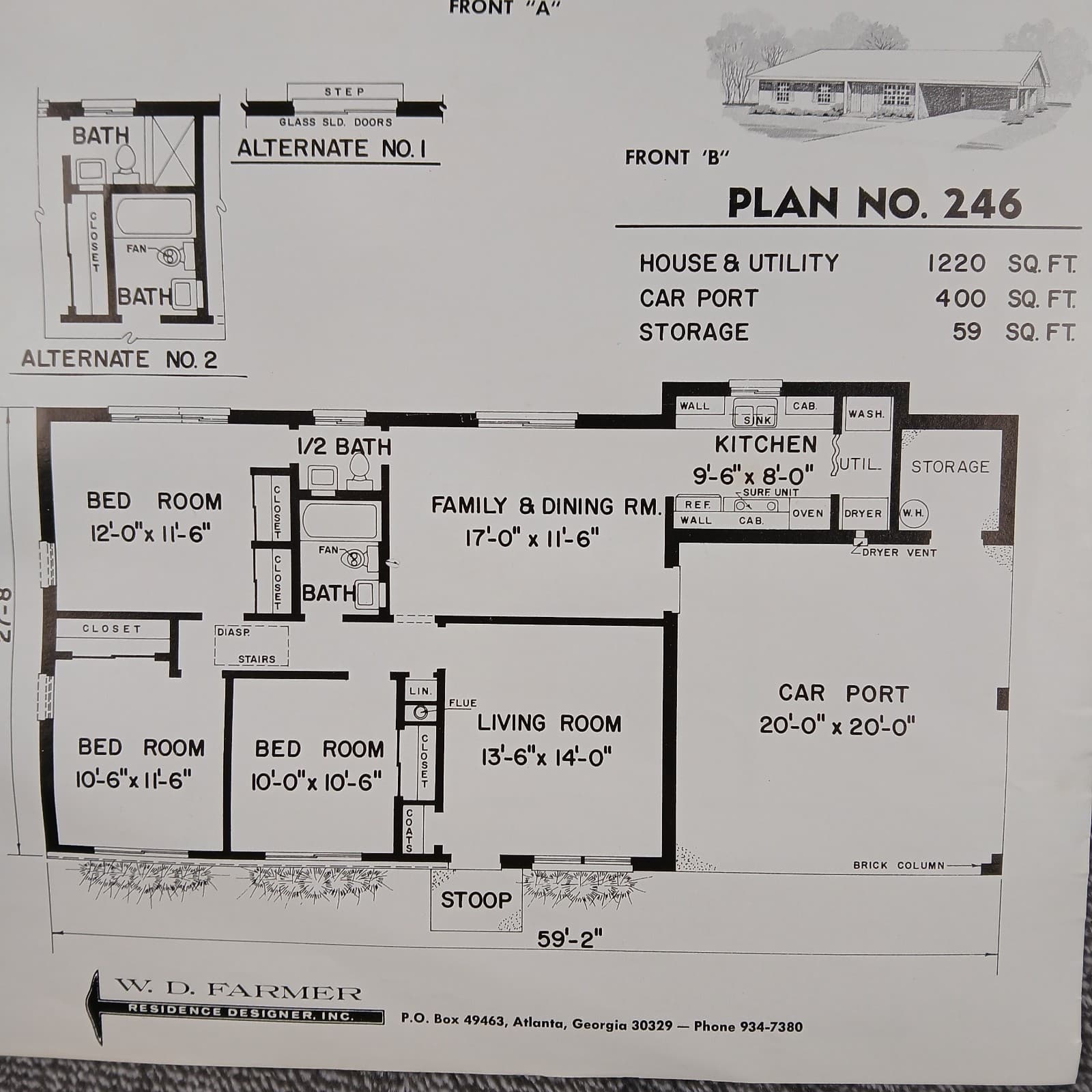 MCM 1966 House Blueprint Plans W.D. Farmer Homes Plan #246 1220 sf 60s Ranch Vtg 3