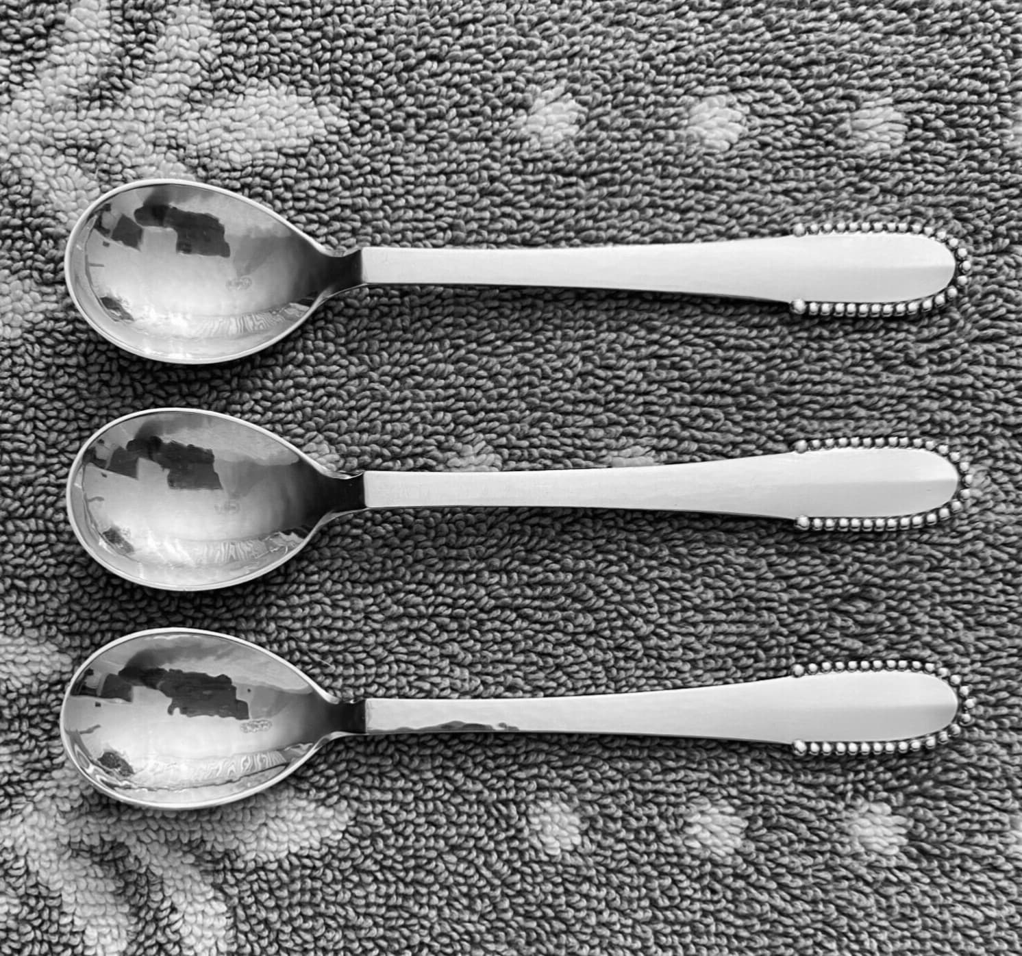 GEORG JENSEN Beaded Stlg Teaspoons, 3/Set (Small, Old Style Oval Bowls), 5” . 2
