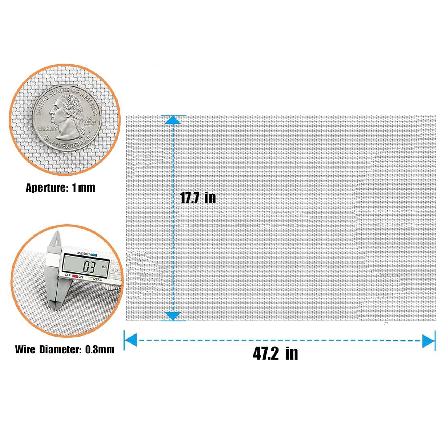 1 Roll Stainless Steel Wire Mesh 20 Mesh, Size 17.7“X47.2”(45X120Cm), 304 Wire M 2