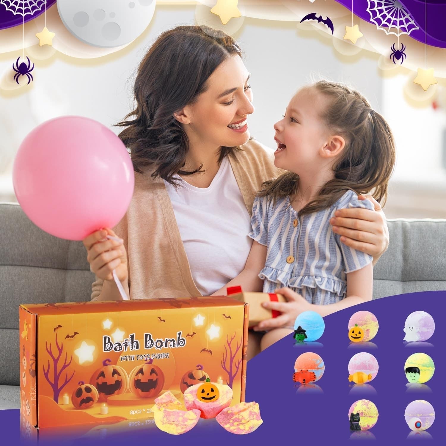 8 Pack Halloween Bath Bomb Set with Halloween Squishy Toys Inside for Kids 5