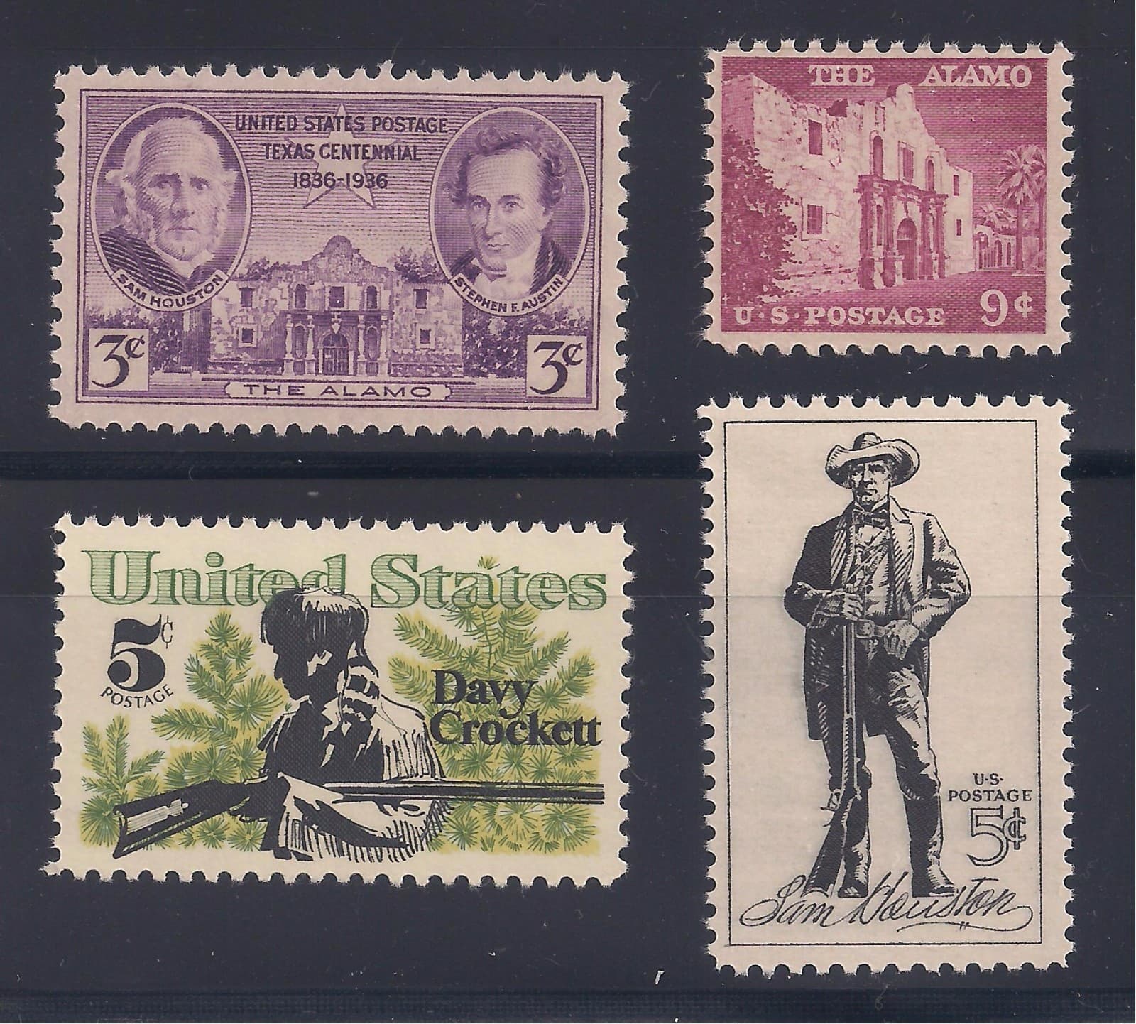 TEXAS: ALAMO, DAVY CROCKETT, SAM HOUSTON - SET OF 4 U.S. STAMPS - MINT CONDITION