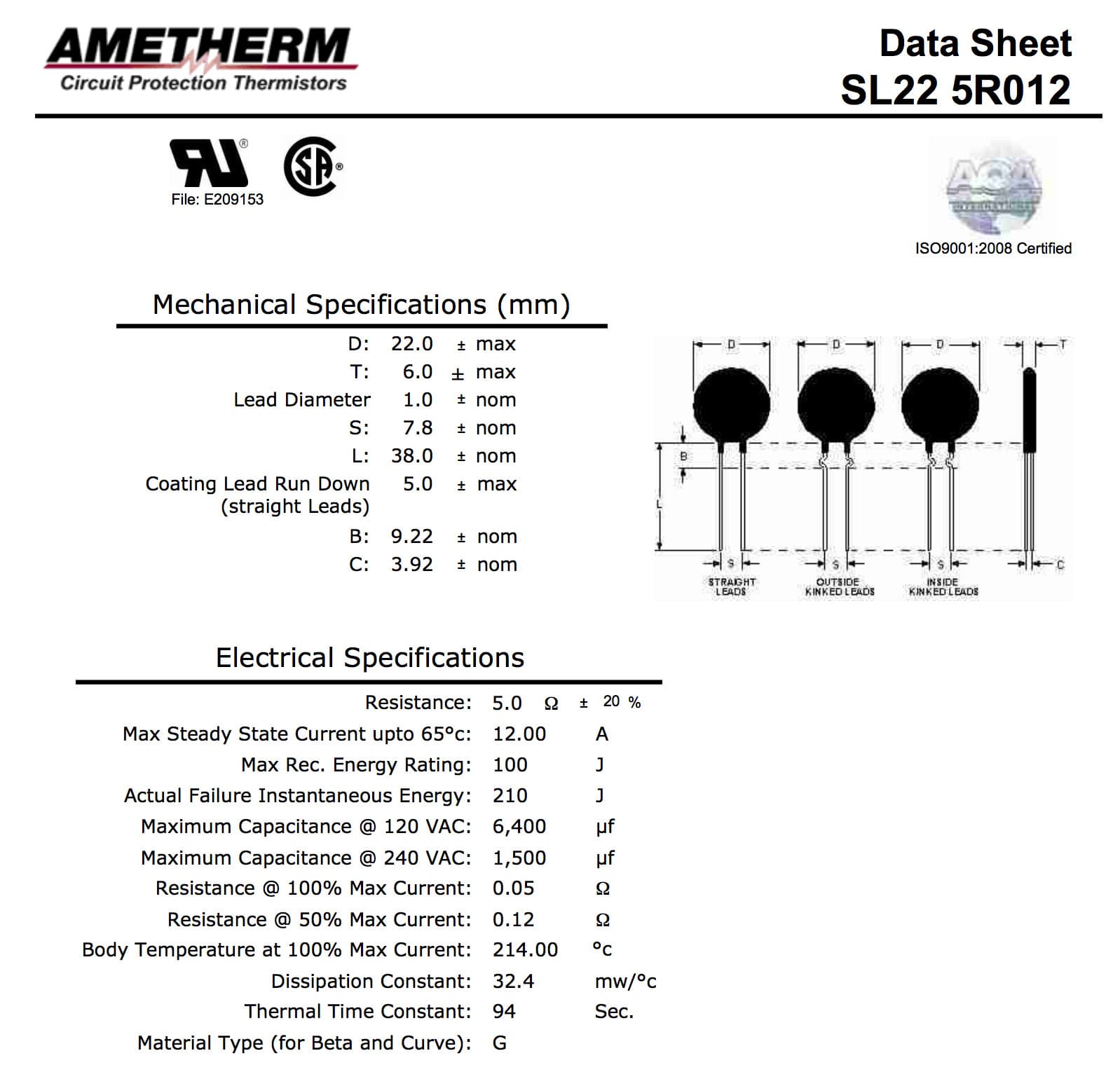 (2pcs) Ametherm- SL22 5R012  - Current Limit Thermistor  ICL 5 OHM 15% 12A 22MM 2