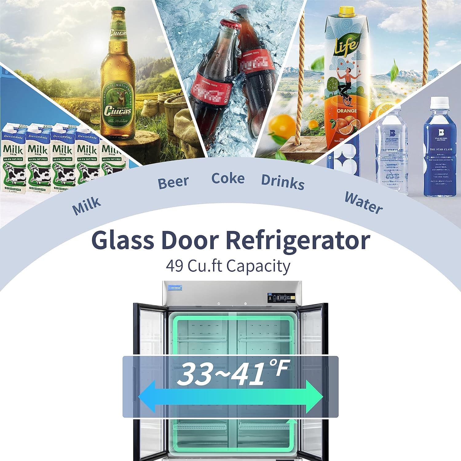 54" Commercial Glass Door Refrigerator, 2 Door Reach-In Merchandiser 49 Cu.ft 2