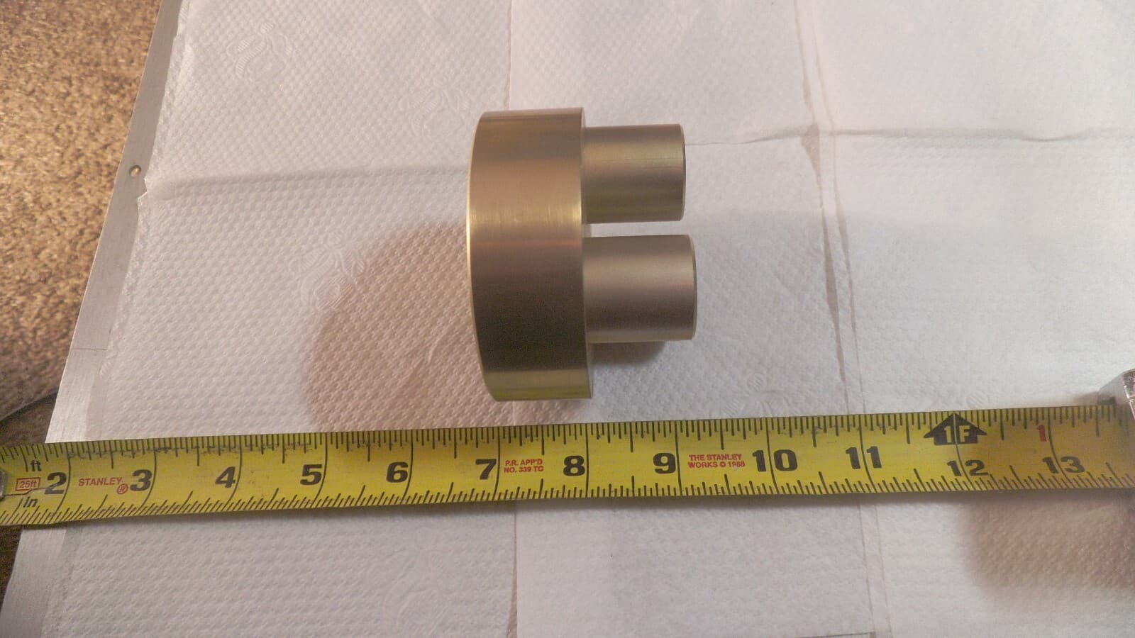 Chromate plated Aluminum disc with 3 ports, 2-15/16" OD x 2" tall 3