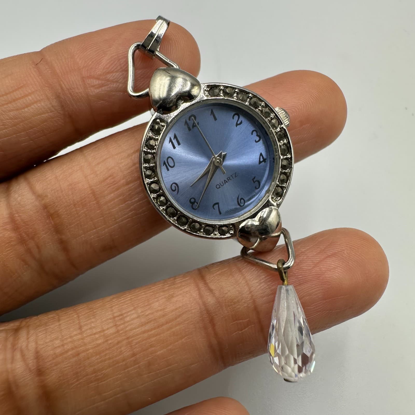 Watch Pendant Women Silver Tone Blue Dial Heart Accents Crystal Drop Works