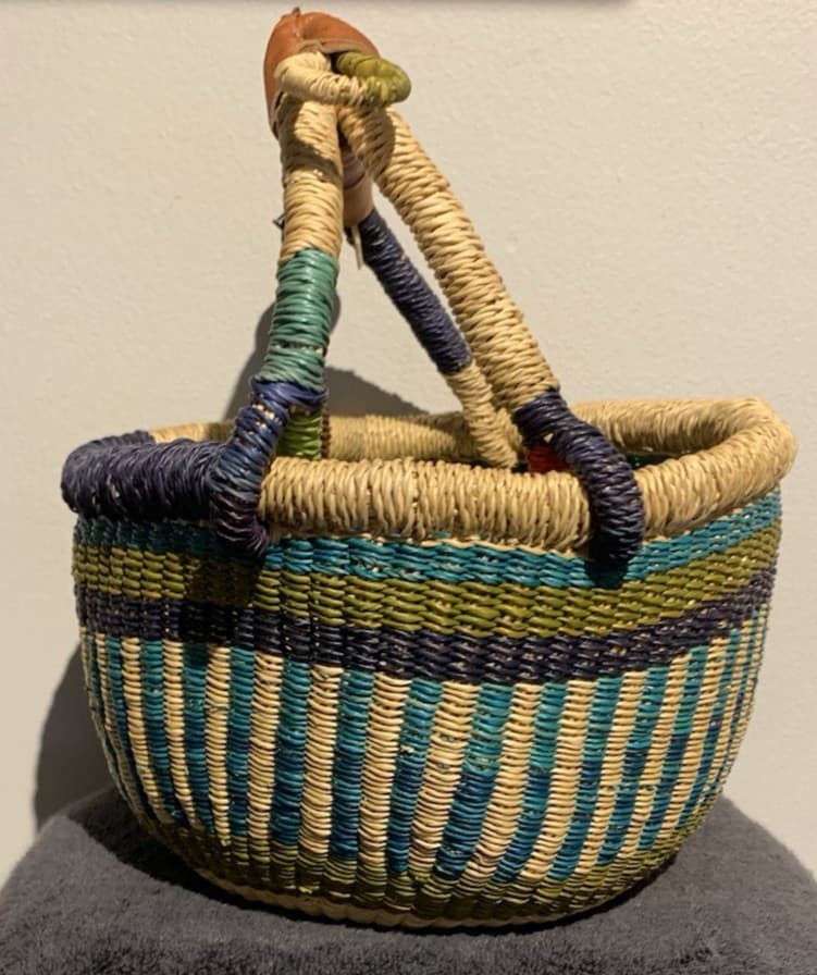 Bolga African Market Basket Hand Woven With Leather Wrapped Handle 9” x 6” x 10” 3