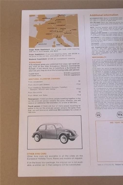 1971 LUFTHANSA GERMAN AIRLINES EUROPACAR HOLIDAY TOURS BROCHURE ~VOLKSWAGEN AVIS 3