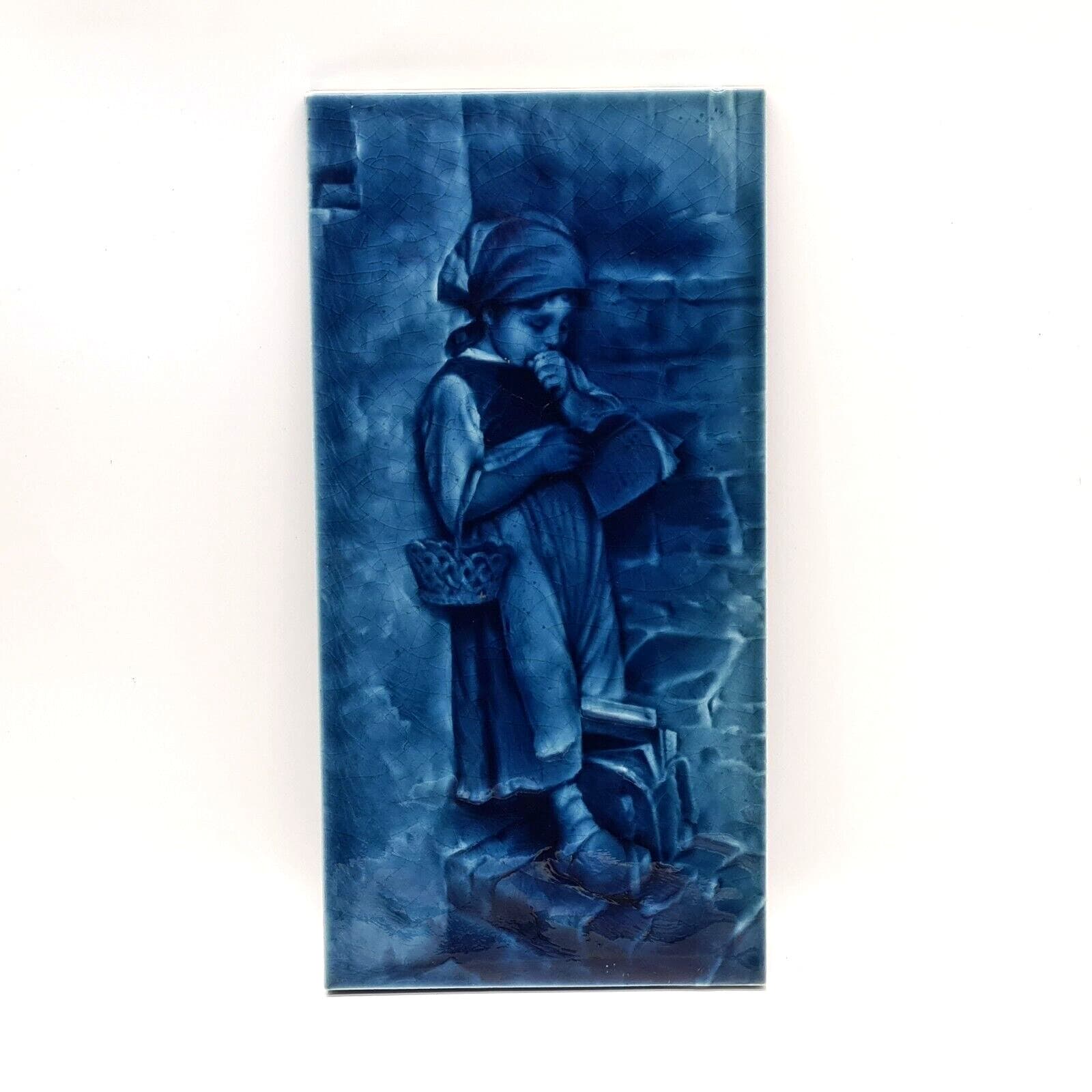 Antique Pair Of Fireplace Tiles Blue Majolica Craven Dunnill & Co 12" x 6" C1880 3