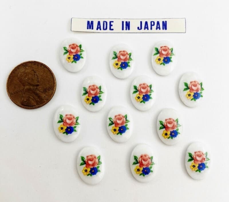 12 Vintage Japan Glass Pink Rose, Yellow & Blue Flowers 14x10mm. Oval Cameos 372 4