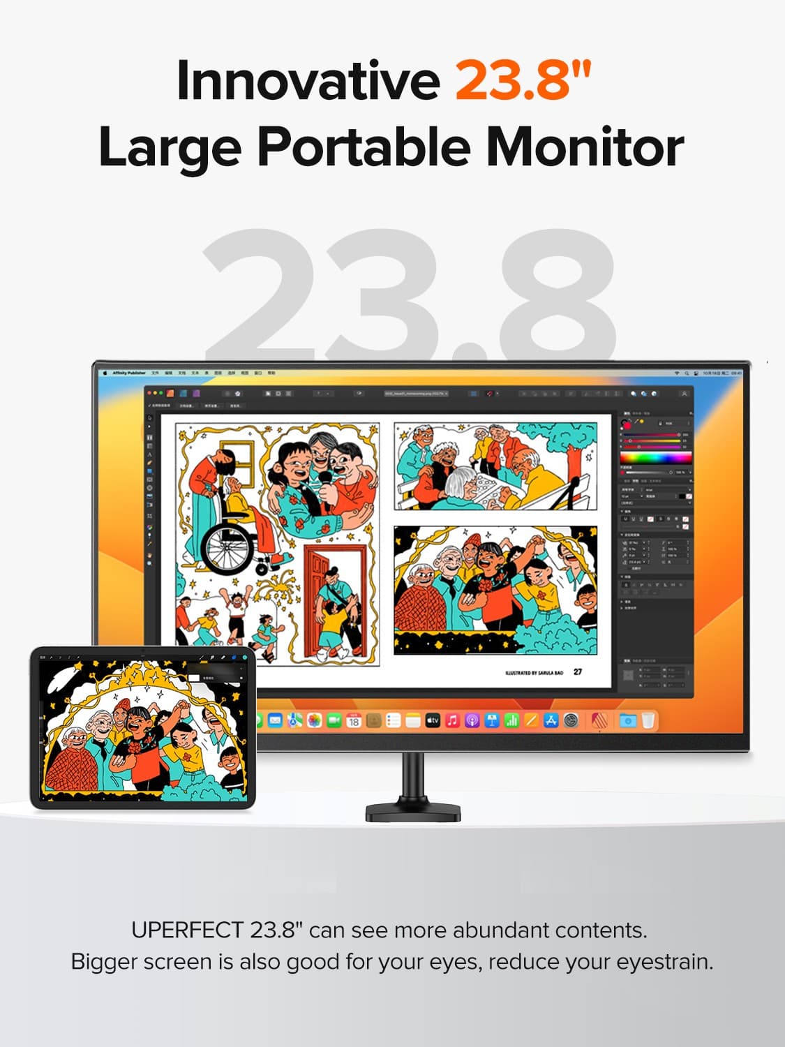 UPERFECT 24" USB-C Portable Monitor 1920x1080 120Hz Display For Raspberry PI PS 3