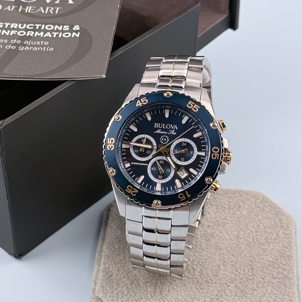 Men's Bulova 98B400 Marine Star Chronograph Blue Dial Quartz Watch 41.5mm 4