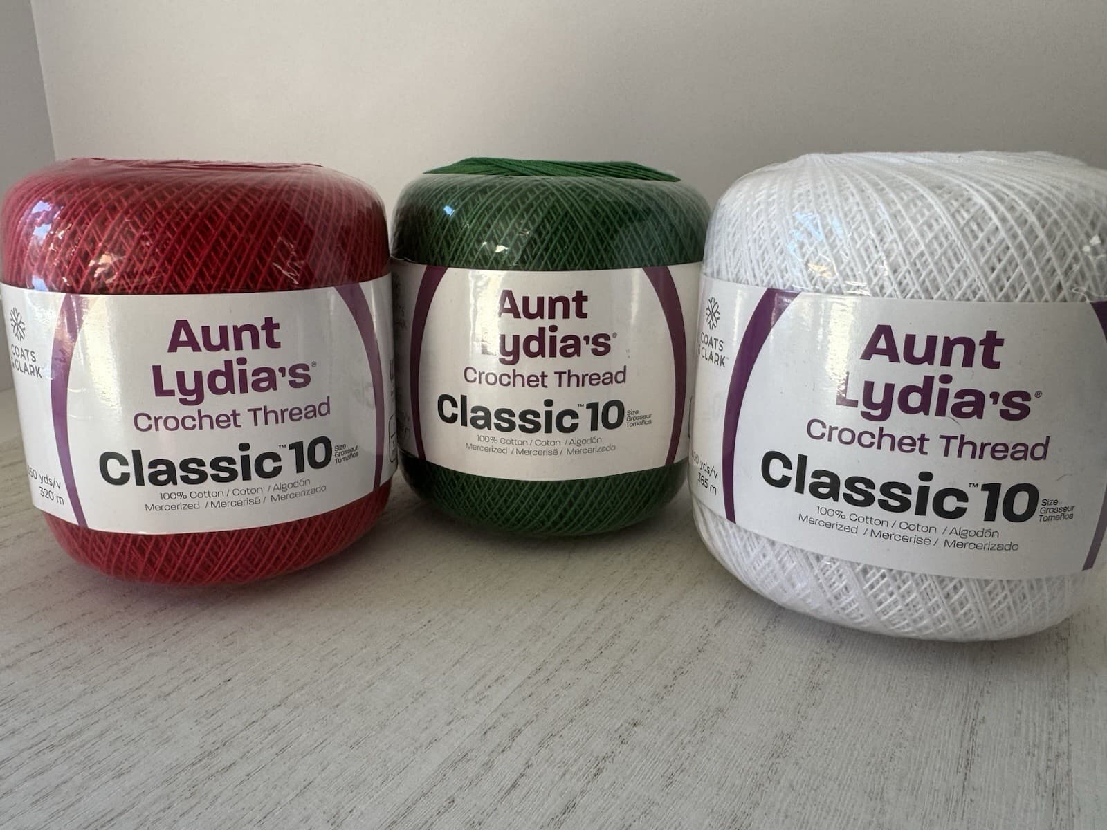 Aunt Lydia's Classic Cotton Crochet Thread Size 10~Lot Of 3~Christmas Colors Set 2
