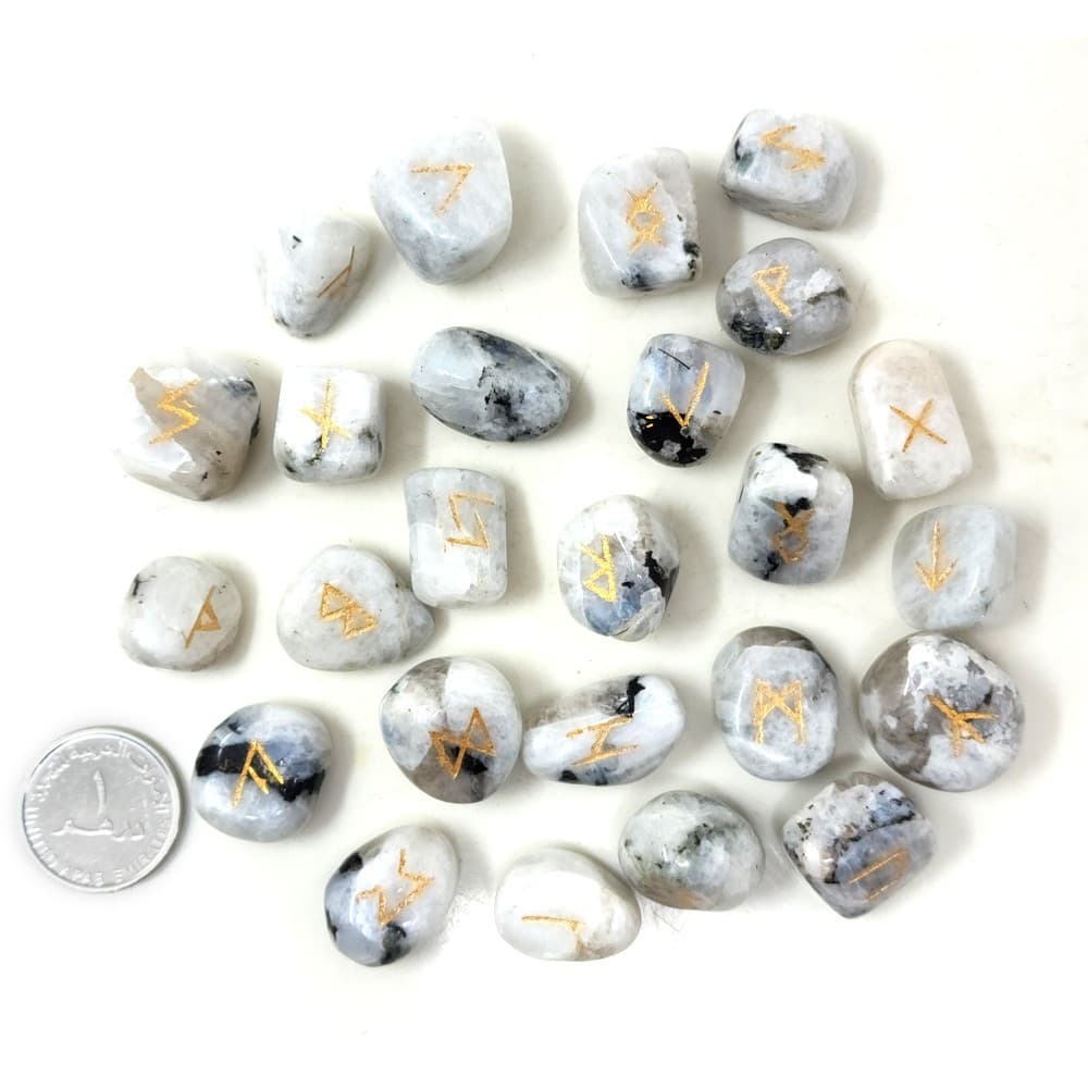 White Rainbow Moonstone Rune Set | 25 Hand-Carved Viking Runes for Wicca Gift 3