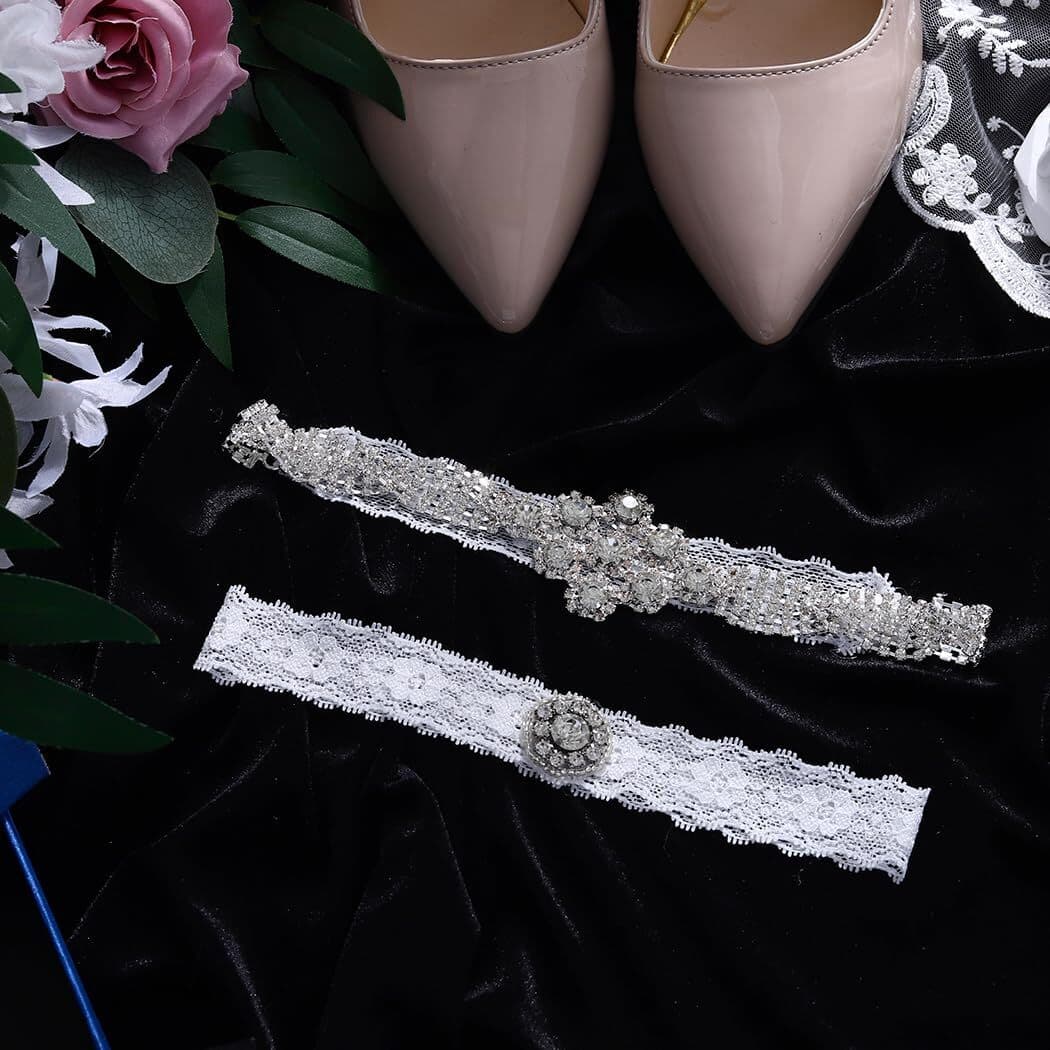 2 Pack Floral Crystal Wedding Garters Rhinestone Lace Pearl Stretch Bridal 6