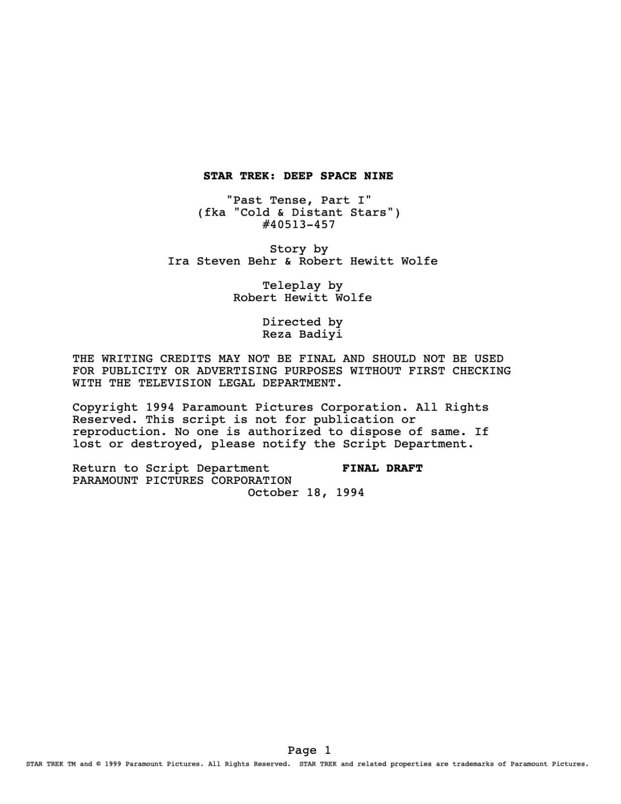 Fave Star Trek Deep Space 9 "Past Tense, Parts I & II" Two-Parter Scripts (1994) 4