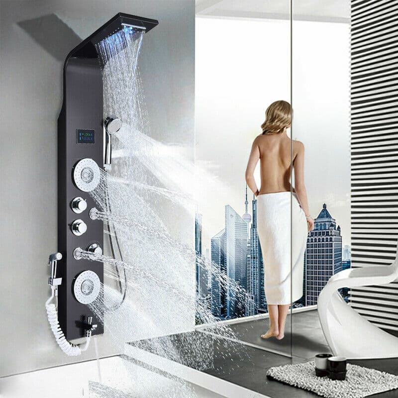 ELLO&ALLO LED Black Rainfall Shower Panel Tower Faucet Massage Body Jets System 2