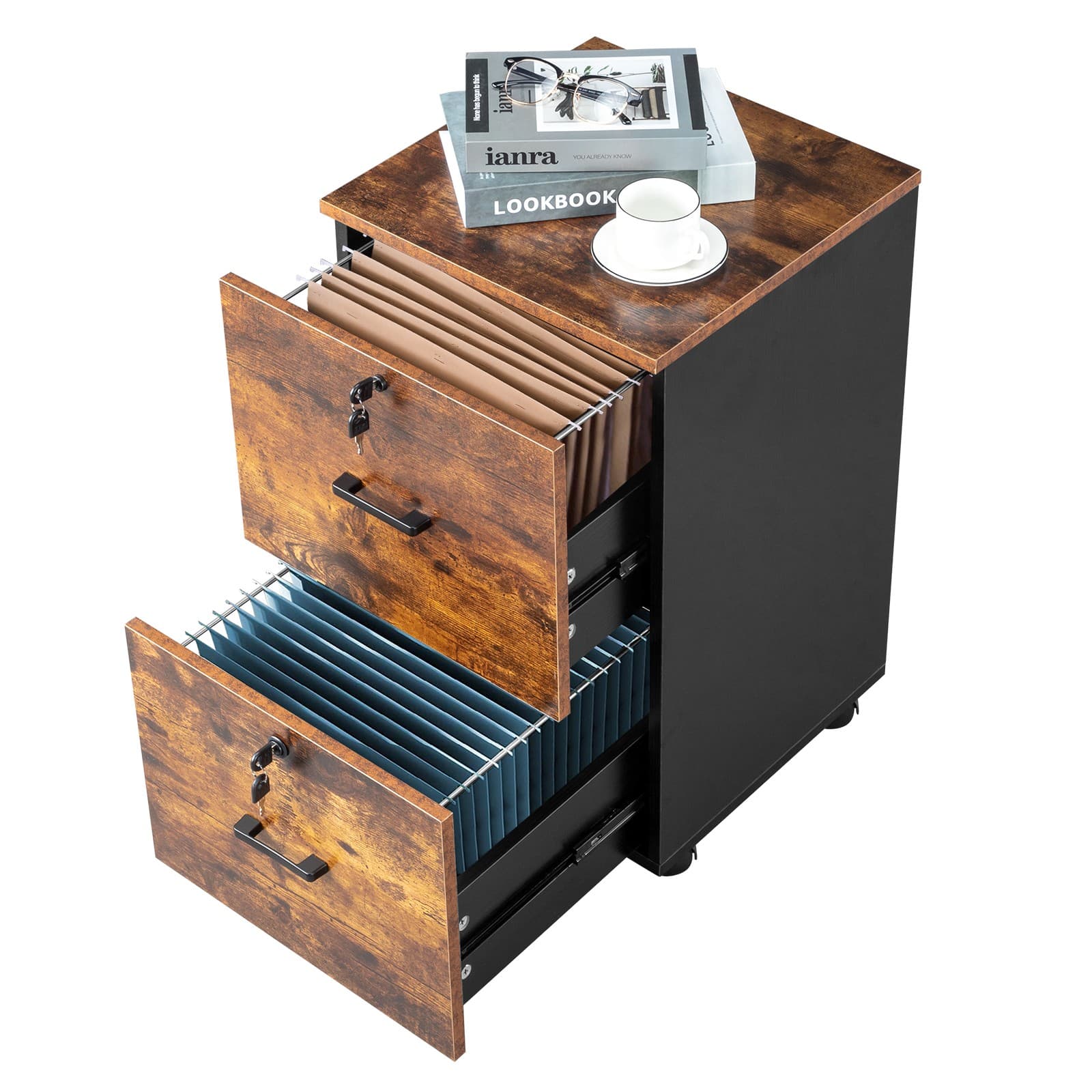2 Drawer Rolling File Cabinet with Lock Wood Under Desk Filing Cabinet Brown 6