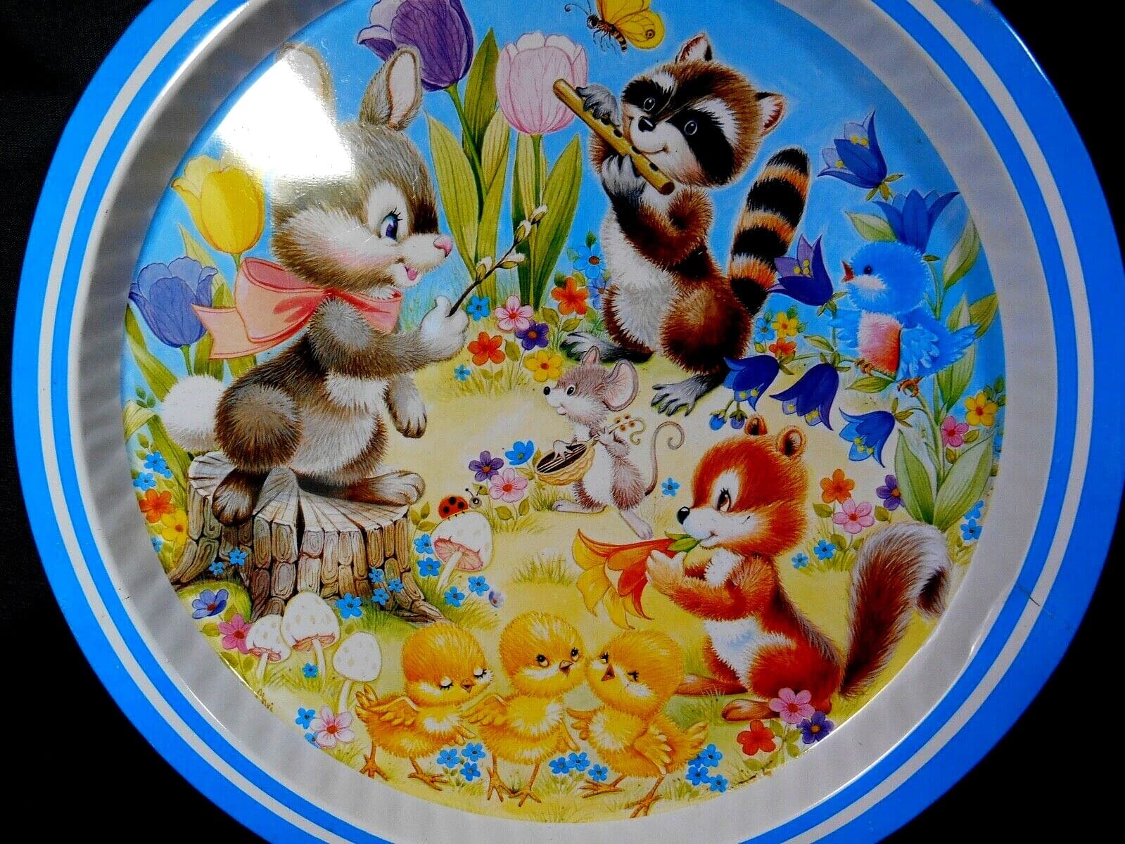 Easter Bunny Chicks Metal Serving Tray Platter Plate Spring Decor Hong Kong 1986 6