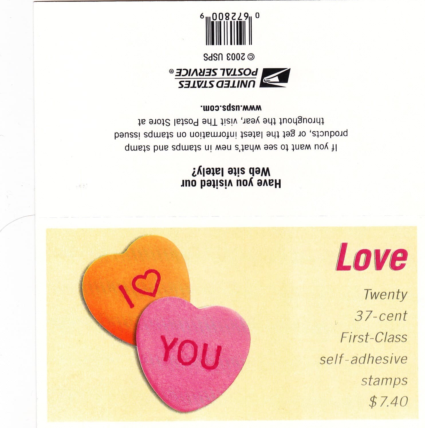 U.S. COMM BOOKLET PANE OF 20 SCOTT#3833a 2004 37ct CANDY HEARTSD  MNH P#V1111 2