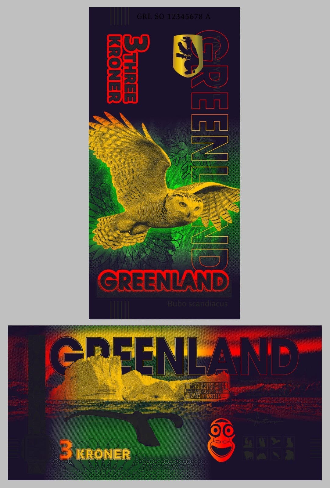 Greenland/Greenland 3 Kroner Souvenirschein 2025 Snowy Owl UV Hologram 2