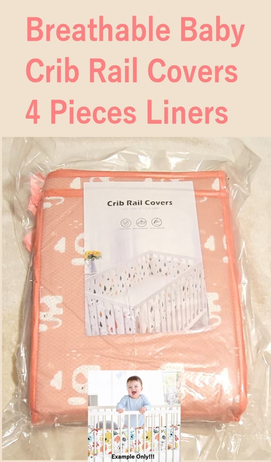 Breathable Baby Crib Rail Covers 4 Pieces Liners Pink Elephants 9" High Sides