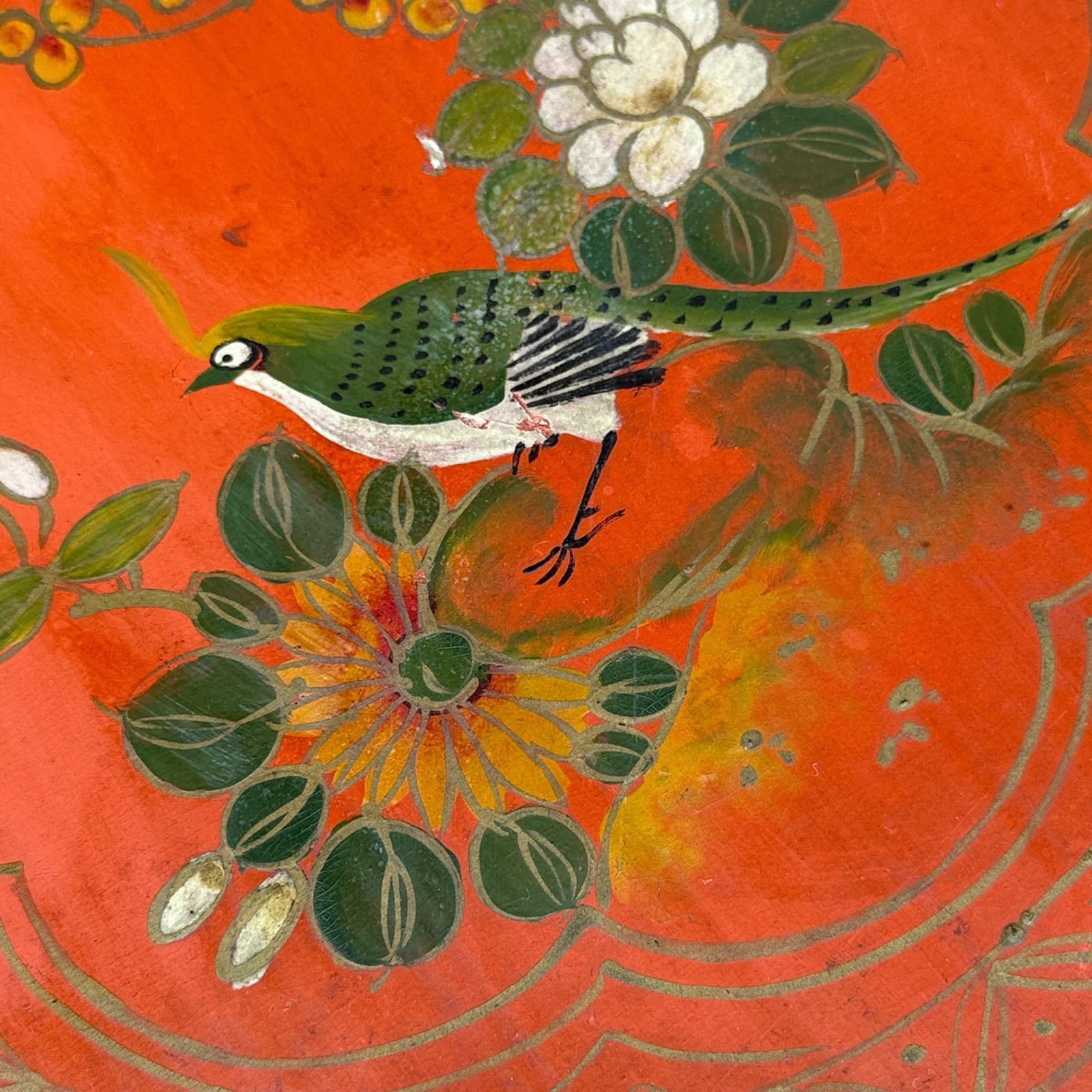 Antique Chinese Red Lacquer Large Round Wedding Box Floral Bird Signed 15.5” D 3