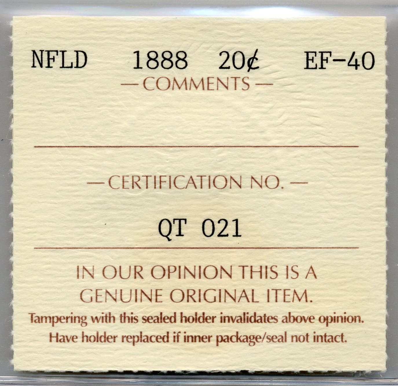 1888 Newfoundland 20 Cents - Extremely Fine, ICCS EF40 4