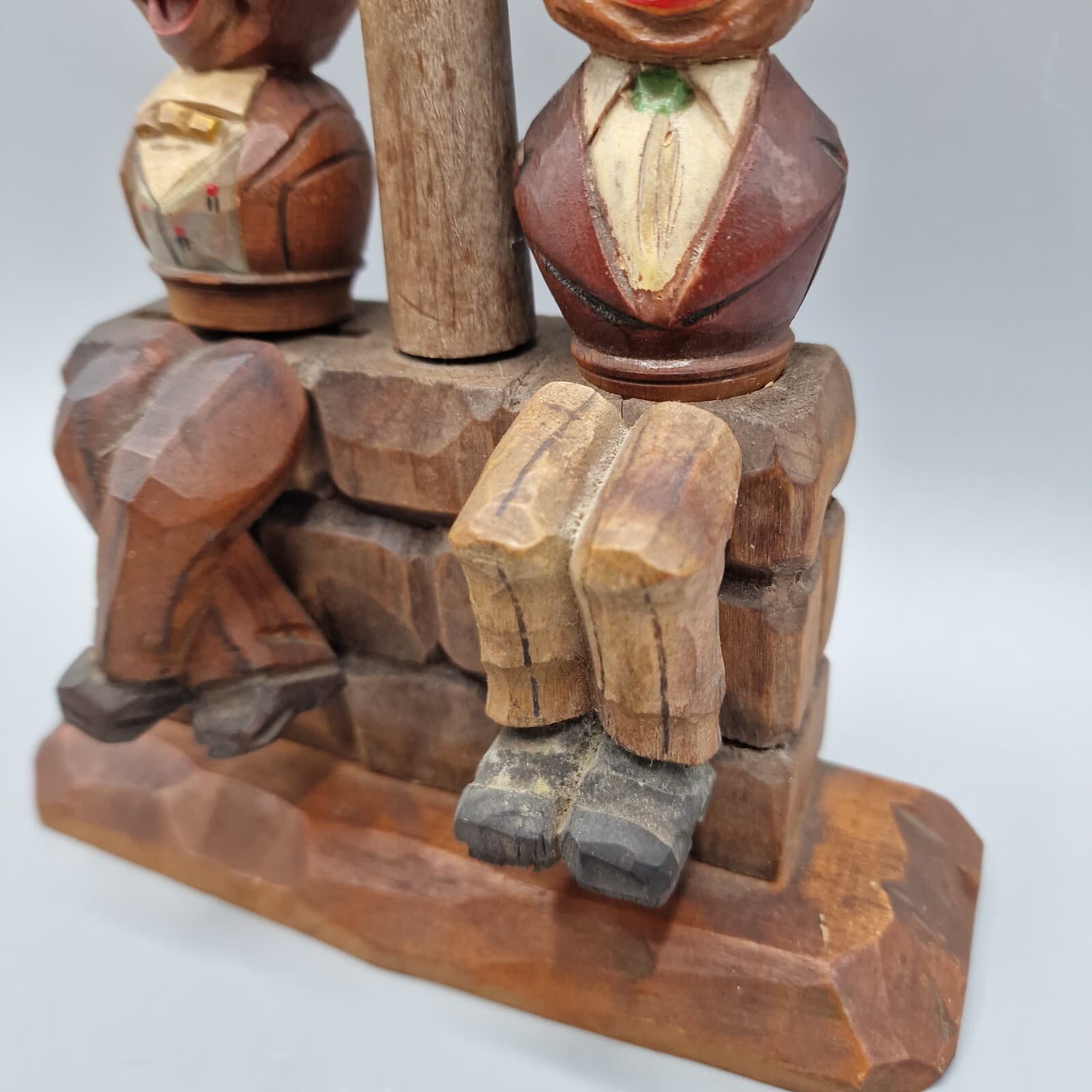 VTG Anri Hand Carved Wood Bar Set - Opener, Cork Screw, Cork - 2 Men & Lamp Post 6