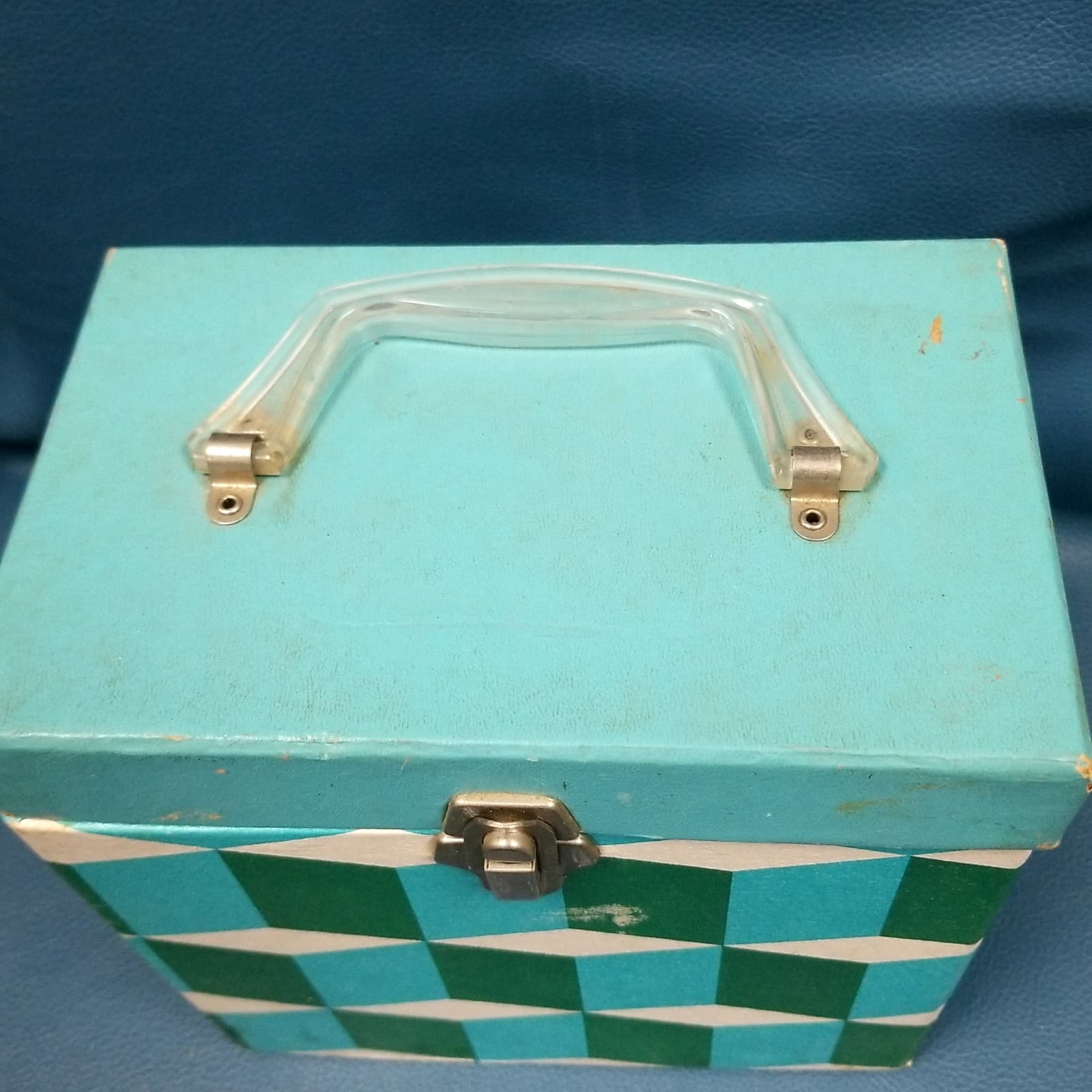 VTG Amberg Platter-Pak #740 7" Record tote Green/Turquoise Stacked Cube Pattern  4