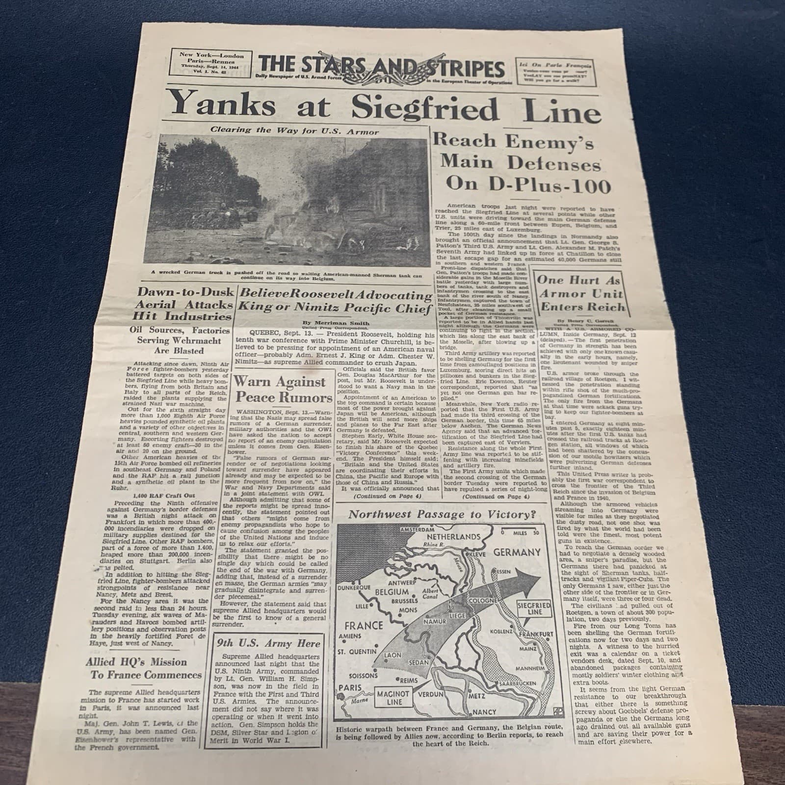 Vintage WW2 Stars & Stripes “Yanks at Siegfried Line” Sept 14 1944. F9 2