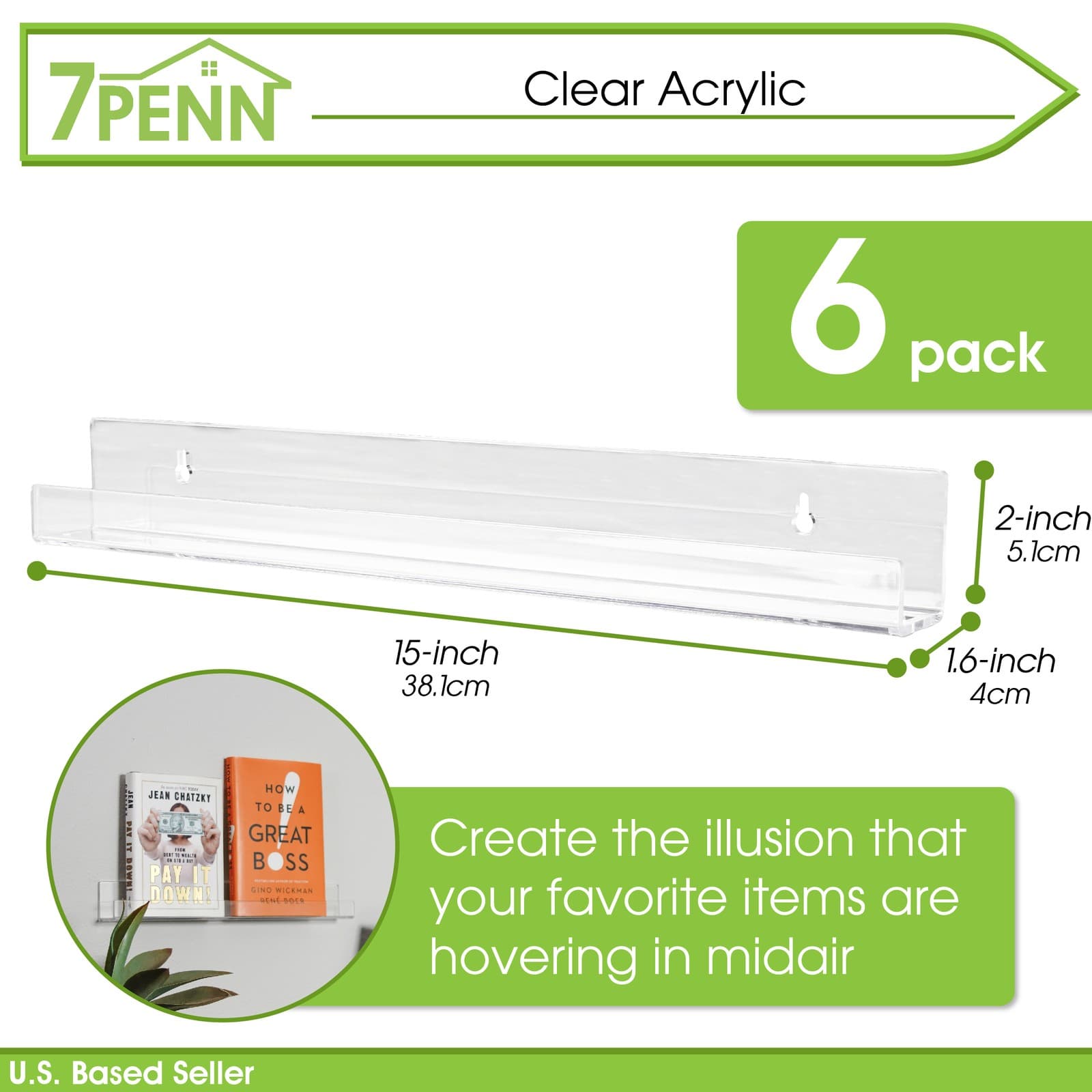 7Penn Floating Book Display Shelves - 6pk 15in Clear Acrylic Shelves for Wall 2