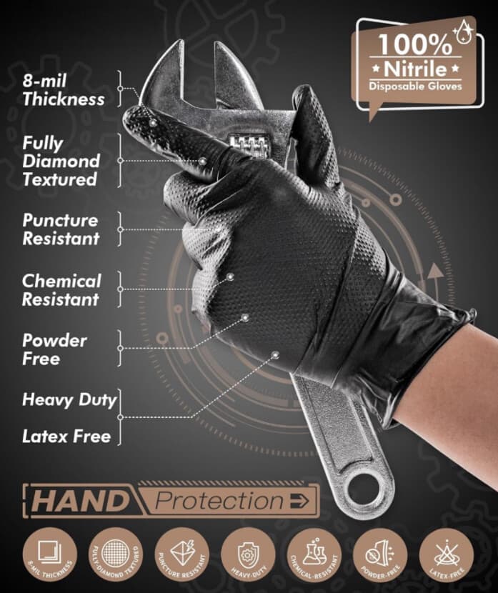 Heavy Duty 8 Mil Black Nitrile Disposable Gloves Raised Diamond Texture 6