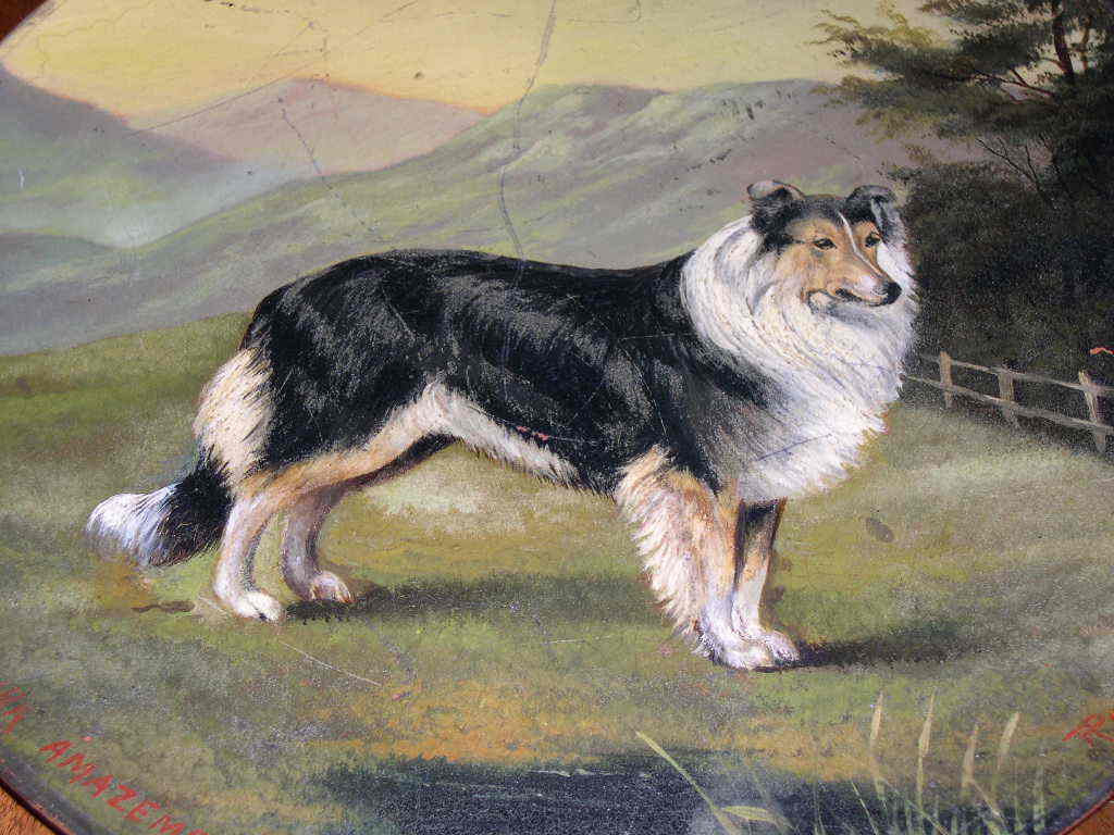 ANTIQUE OIL PAINTING CH. COLLIE PLATE DATED 1890 SIGNED FAMOUS DOG "ORMSKIRK" 2
