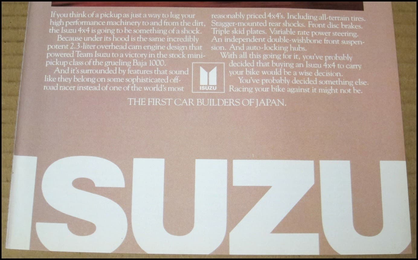 1985 Isuzu 4x4 Pickup Truck Print Ad Car Auto Advertisement Japan Team Vintage 4