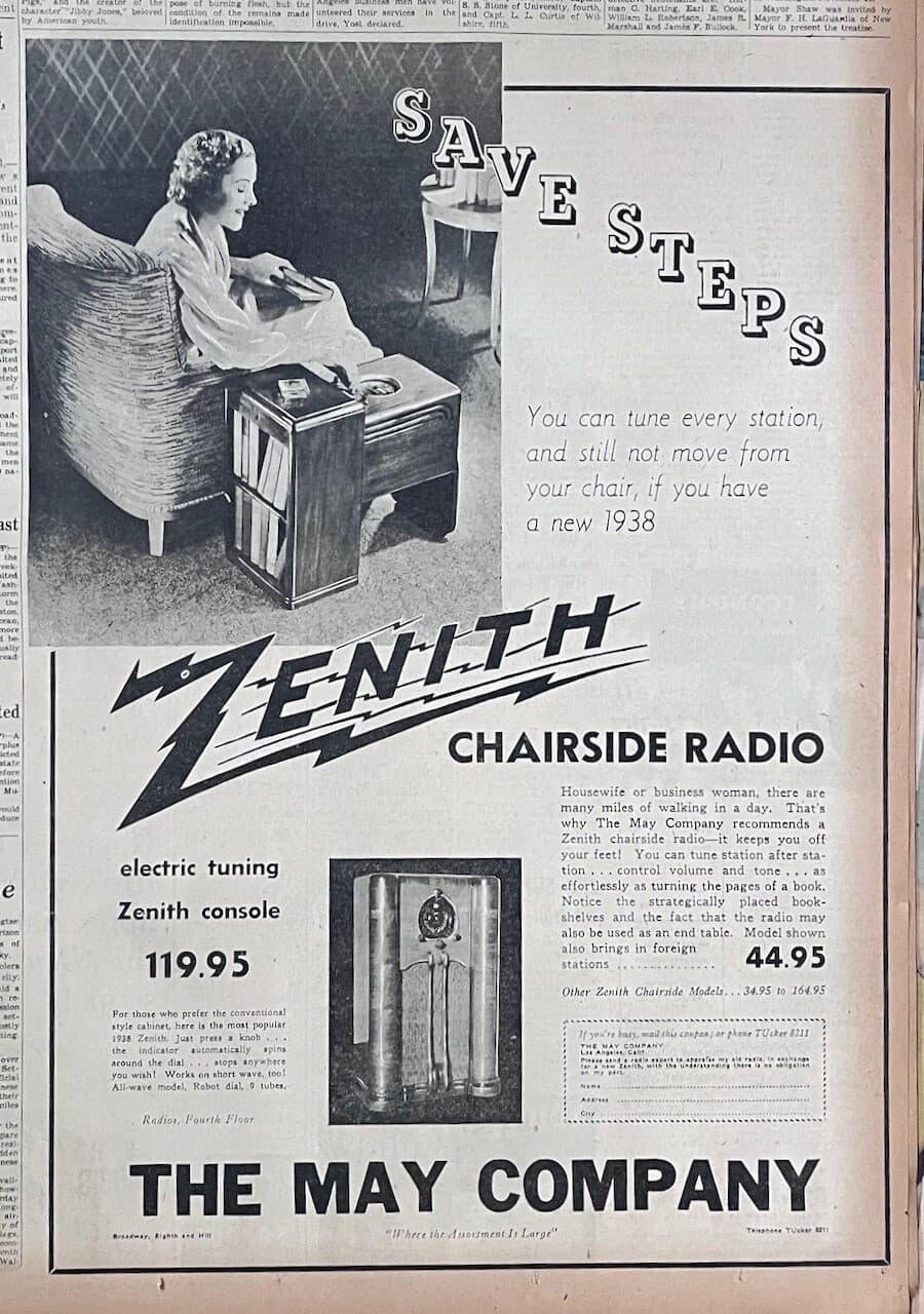 Large 1937 newspaper ad for 1938 Zenith Chairside Radio - Save Steps