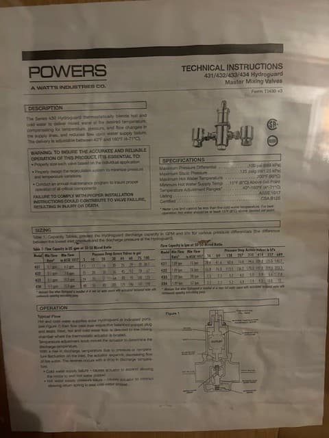 Powers 434-1000 Master Water Cold Hot Mixing Valve - 434 Rough Bronze Hydroguard 2