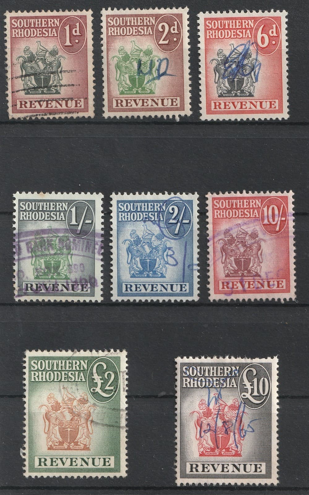1954 Southern Rhodesia Very Fine Used Arms Selection of Revenues.