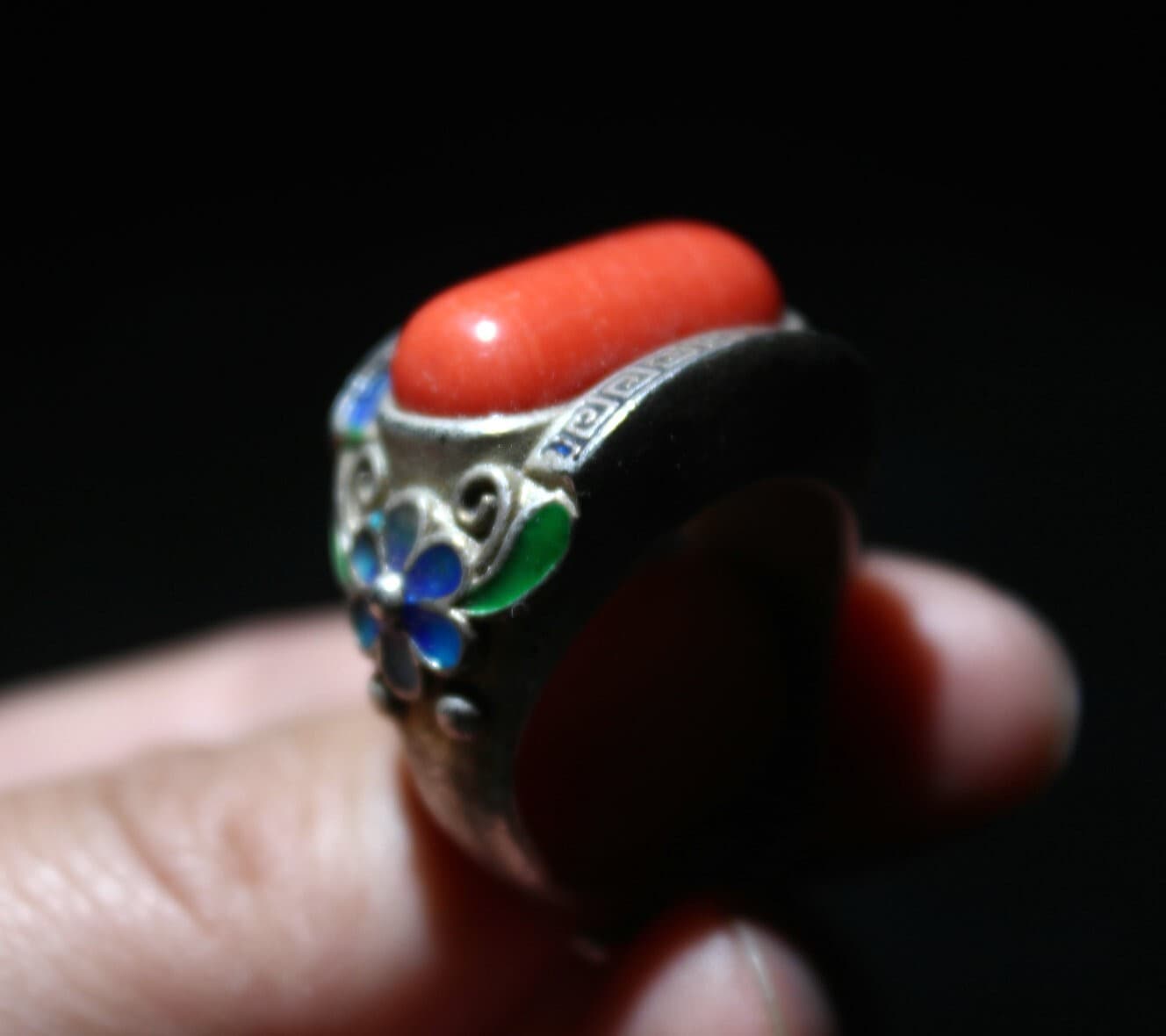 Rare Old Chinese Cloisonne Silver Inlay Red Gem Flower Jewelry Figure Ring 5
