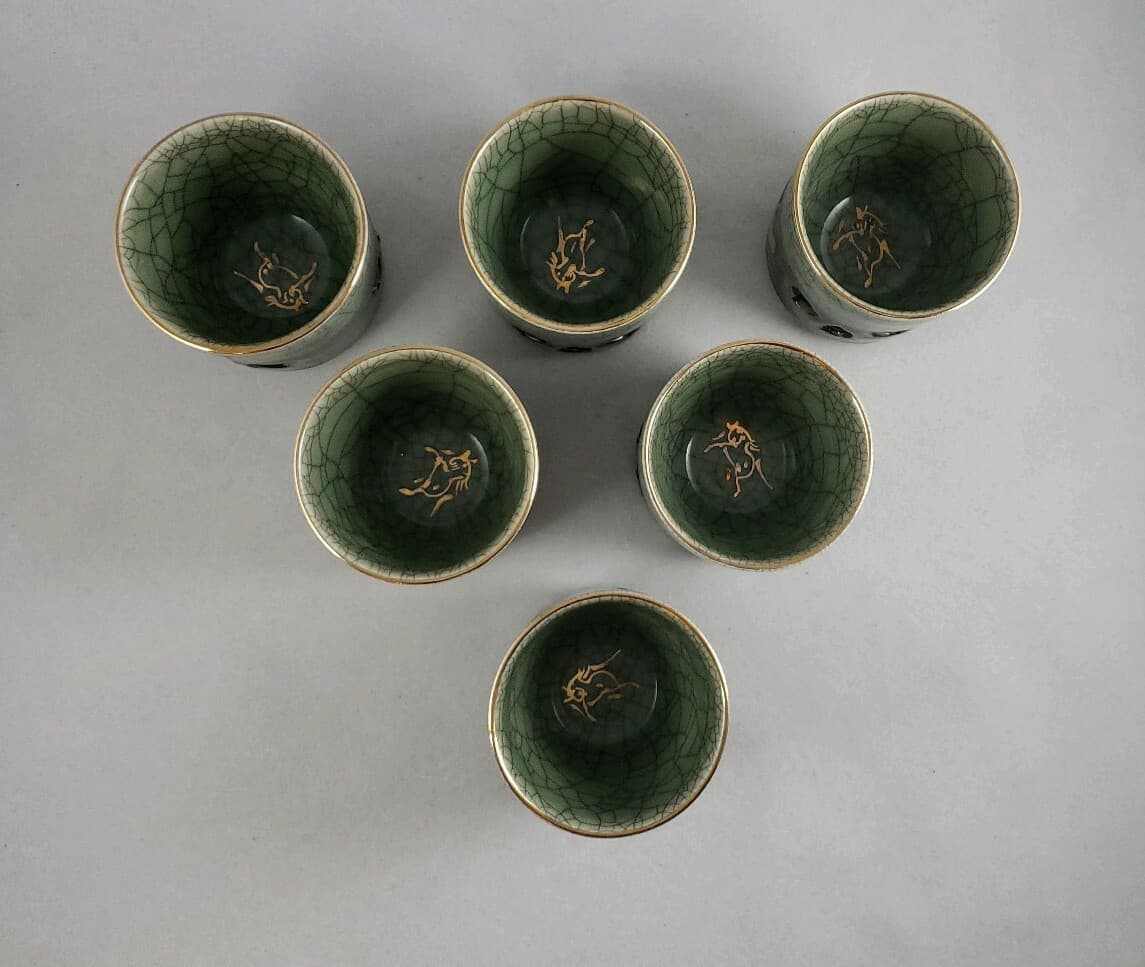 Somayaki Somaware Celadon Double-Walled Cups Crackle Gold Horse - Set of 6 4