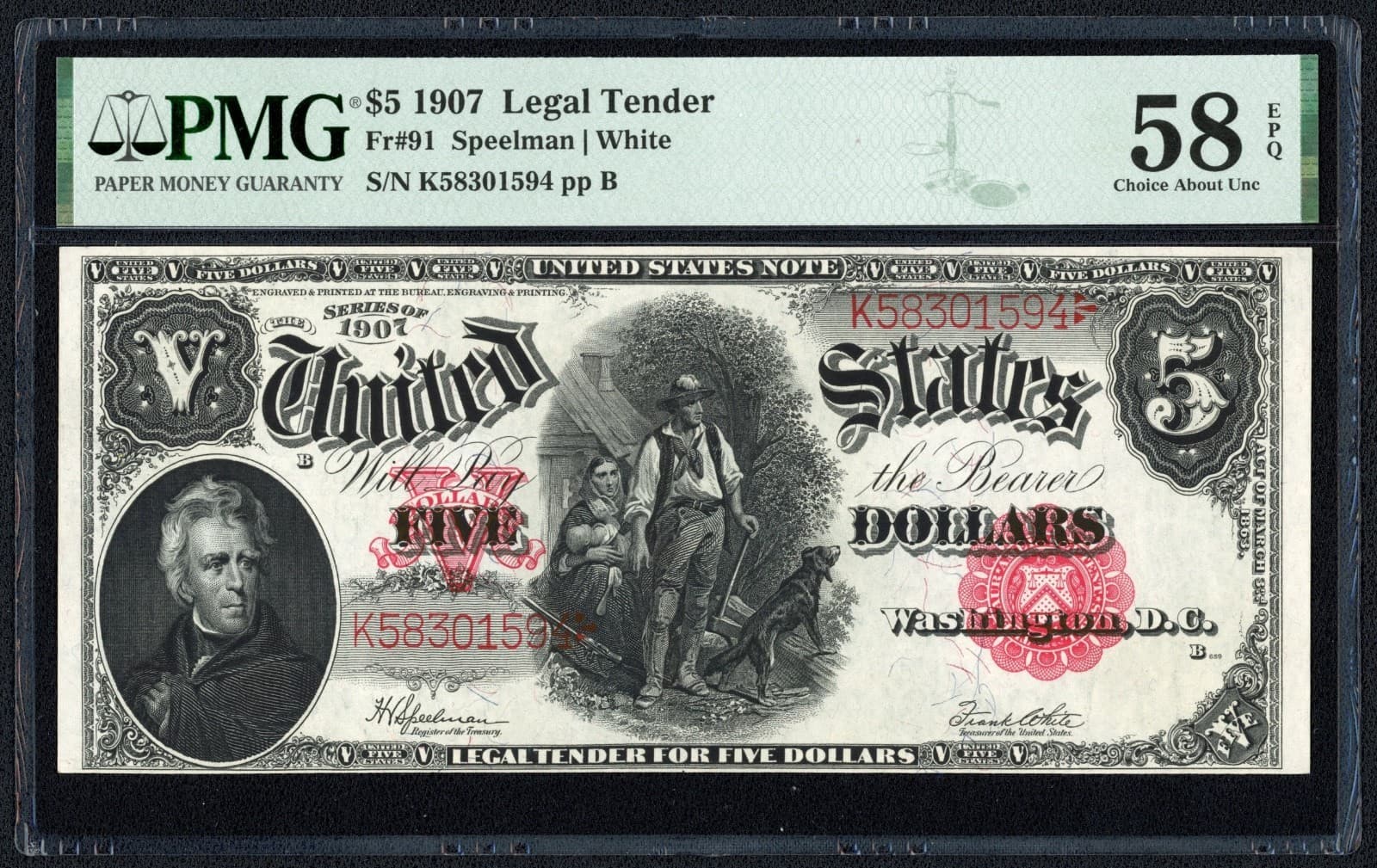 1907 $5 Five Dollar Woodchopper United States Note Fr#91 PMG CH AU 58 EPQ