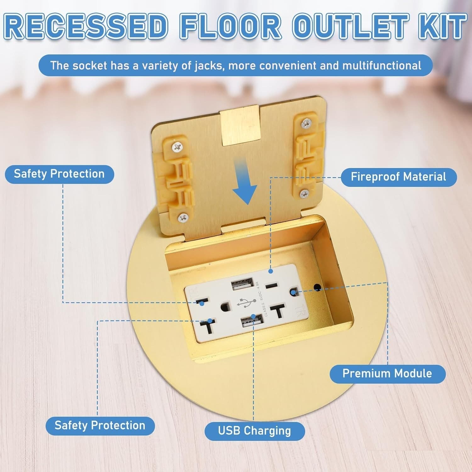 Kanayu Gold Recessed Floor Outlet 3.98"x3.66"x3.15" 1-Gang with 4.8A USB Charger 4