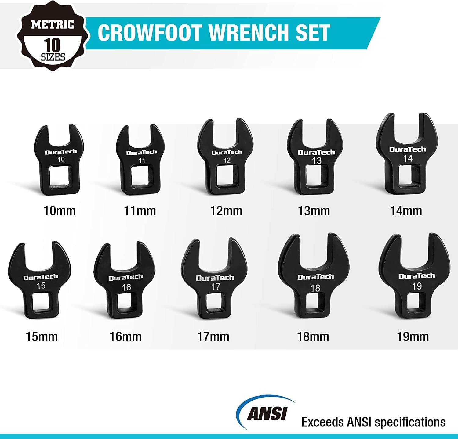 DURATECH 3/8" Crow Foot Wrench 10PC Set Metric 10-19mm Crowfoot Flare Nut Wrench 2